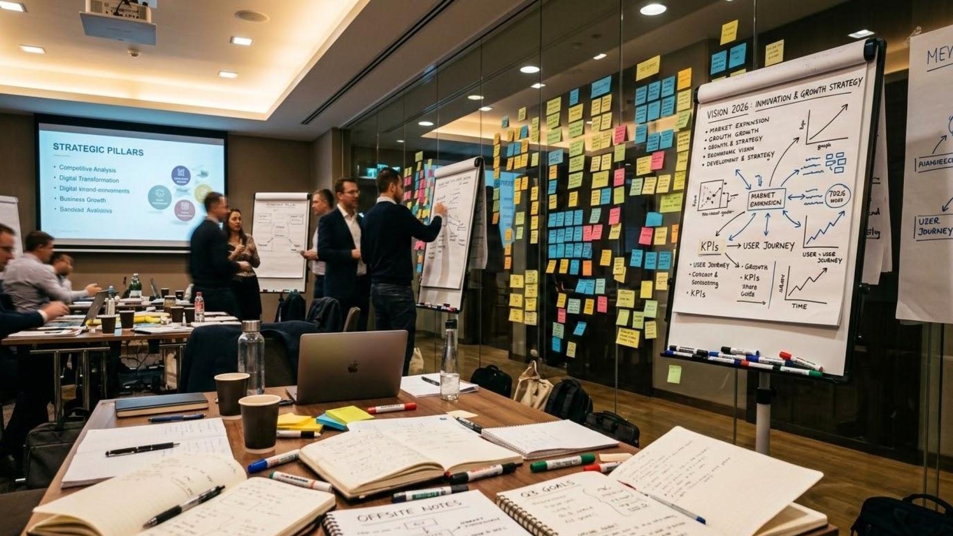 A strategy offsite in progress: a glass wall covered in sticky notes, flip charts and notebooks.
